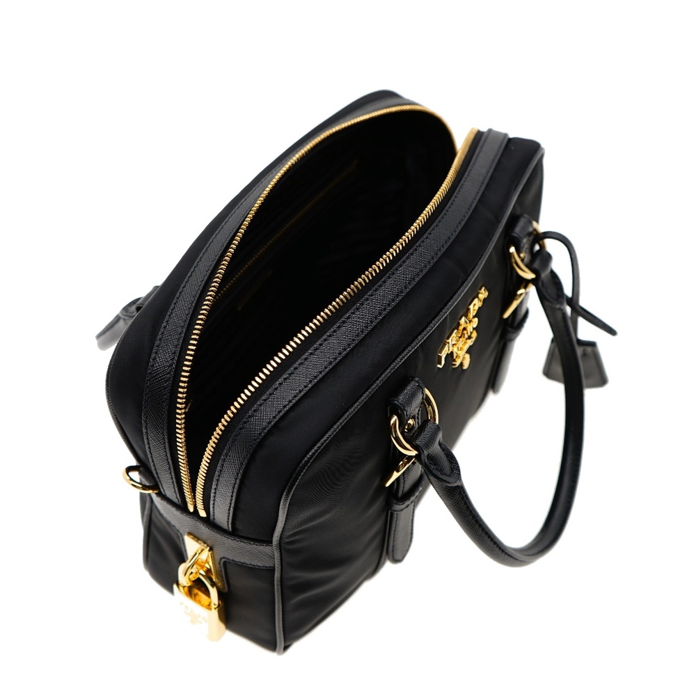 Prada Satchel Shoulder Bag Black Nylon & Saffiano Leather With Lock And Key New - Picture 6 of 9